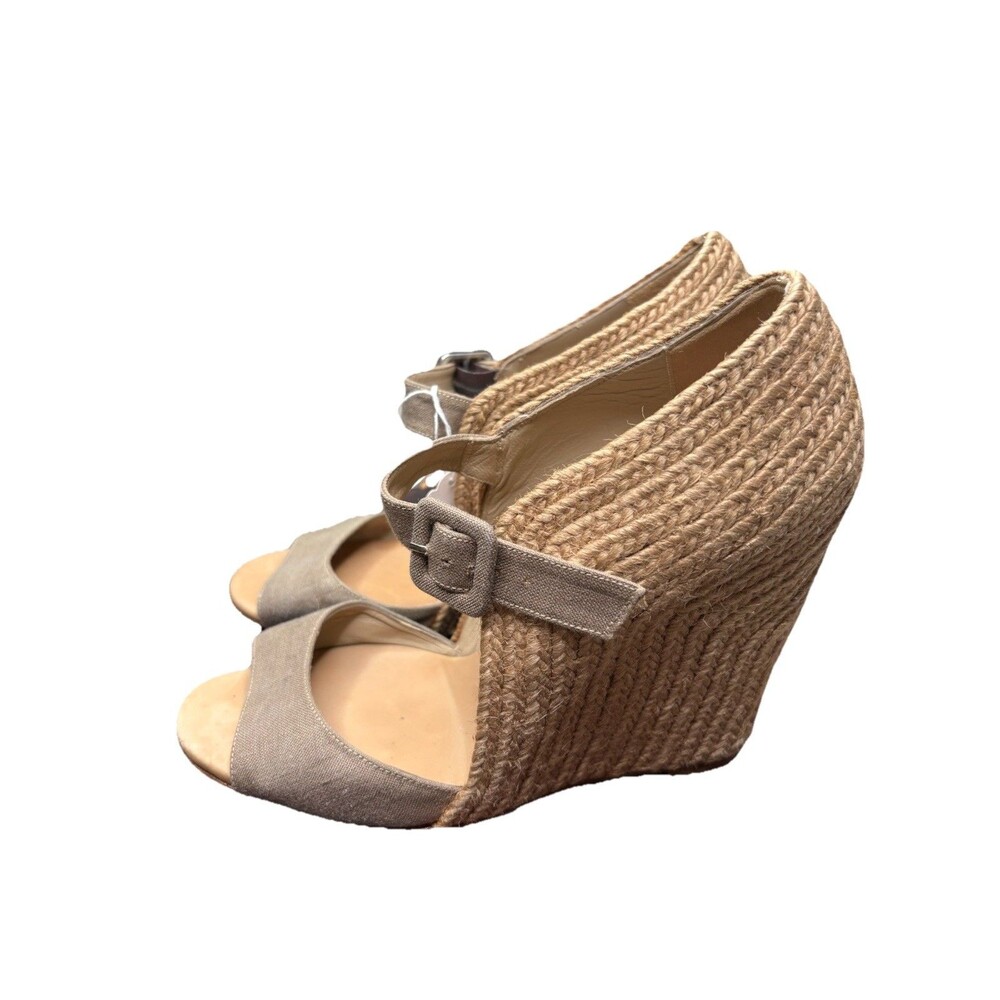 Christian Louboutin Espadrille Wedge Taupe Tan Linen Sexy Ankle Wrap Heels 38
